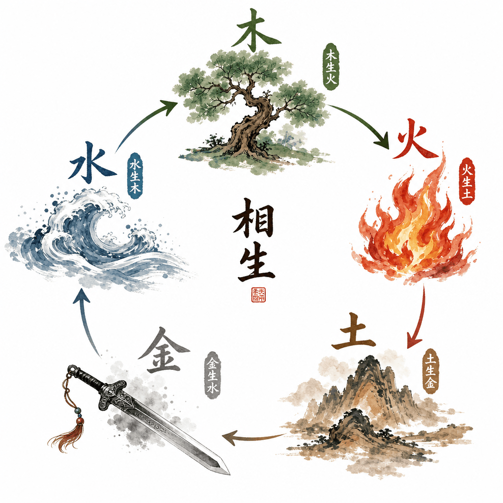 五行生剋關係新中式插畫